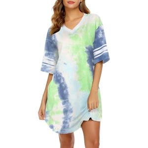 image:imageEkouaer Nightgowns for Women Cotton Night Gown Short Sleeve Sleepwear V Neck Color Block Sleep Shirts Ladies Night ShirtsTie Dye Green