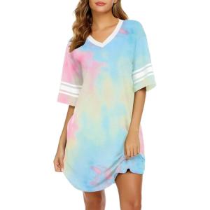 image:imageEkouaer Nightgowns for Women Cotton Night Gown Short Sleeve Sleepwear V Neck Color Block Sleep Shirts Ladies Night ShirtsTie Dye Yellow