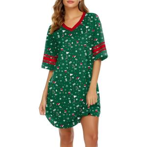 image:imageEkouaer Nightgowns for Women Cotton Night Gown Short Sleeve Sleepwear V Neck Color Block Sleep Shirts Ladies Night ShirtsZchristmas Green