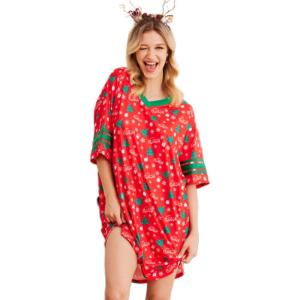 image:imageEkouaer Nightgowns for Women Cotton Night Gown Short Sleeve Sleepwear V Neck Color Block Sleep Shirts Ladies Night ShirtsZchristmas Red