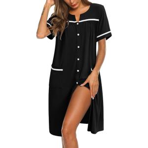 image:imageEkouaer Nightgowns for Women House Dress with Pockets Button Down Sleepshirt Short Sleeve Nightshirt HousecoatBlack