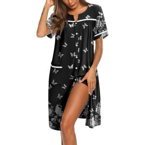 image:imageEkouaer Nightgowns for Women House Dress with Pockets Button Down Sleepshirt Short Sleeve Nightshirt HousecoatBlack Butterfly Flower