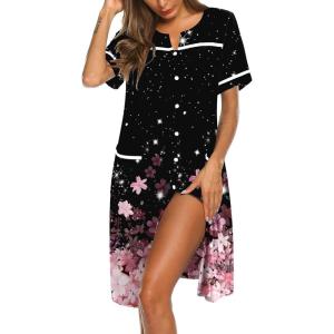 image:imageEkouaer Nightgowns for Women House Dress with Pockets Button Down Sleepshirt Short Sleeve Nightshirt HousecoatBlack Sakura