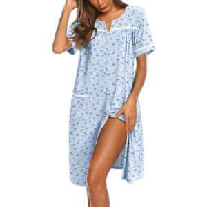 image:imageEkouaer Nightgowns for Women House Dress with Pockets Button Down Sleepshirt Short Sleeve Nightshirt HousecoatBlue Floral