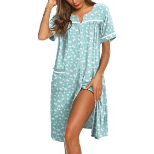 image:imageEkouaer Nightgowns for Women House Dress with Pockets Button Down Sleepshirt Short Sleeve Nightshirt HousecoatGreen Floral