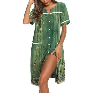 image:imageEkouaer Nightgowns for Women House Dress with Pockets Button Down Sleepshirt Short Sleeve Nightshirt HousecoatGreen Flower