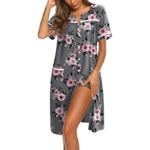 image:imageEkouaer Nightgowns for Women House Dress with Pockets Button Down Sleepshirt Short Sleeve Nightshirt HousecoatGrey Floral