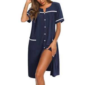 image:imageEkouaer Nightgowns for Women House Dress with Pockets Button Down Sleepshirt Short Sleeve Nightshirt HousecoatNavy