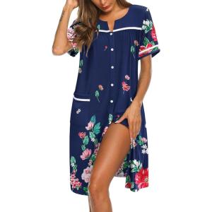 image:imageEkouaer Nightgowns for Women House Dress with Pockets Button Down Sleepshirt Short Sleeve Nightshirt HousecoatNavy Flower