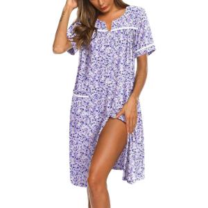 image:imageEkouaer Nightgowns for Women House Dress with Pockets Button Down Sleepshirt Short Sleeve Nightshirt HousecoatPurple Dots