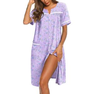 image:imageEkouaer Nightgowns for Women House Dress with Pockets Button Down Sleepshirt Short Sleeve Nightshirt HousecoatPurple Floral