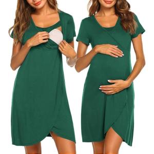 image:imageEkouaer Nursing Nightgown 3 In 1 Maternity Nightgown Short Sleeve Nursing Gown Breasfeeding Sleepwear Delivery DressDeep Green