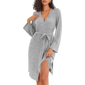 image:imageEkouaer Robe for Women Ribbed Knit Bathrobe Soft Knee Length Kimono Robes Ladies Sleepwear with Pockets SXXLLight Grey