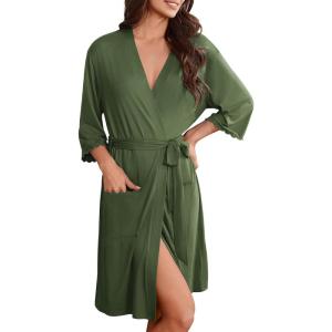 image:imageEkouaer Robes for Women Knee Length Kimono Bathrobe Lightweight 34 Sleeve Sleepwear Soft Loungewear with Pockets SXXLArmy Green
