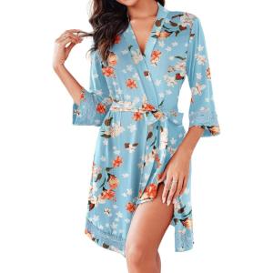 image:imageEkouaer Robes for Women Short Knit Bathrobe Lightweight Sexy Lace Sleepwear Soft Knee Length LoungewearGreen Flower