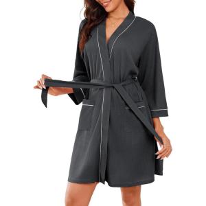 image:imageEkouaer Robes for Women Waffle Knee Length Bathrobe Lightweight Soft Sleepwear V neck 34 Casual Ladies Loungewear SXXLGrey