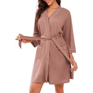 image:imageEkouaer Robes for Women Waffle Knee Length Bathrobe Lightweight Soft Sleepwear V neck 34 Casual Ladies Loungewear SXXLPiink