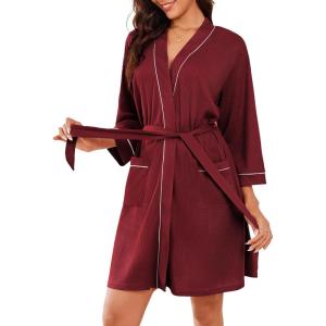 image:imageEkouaer Robes for Women Waffle Knee Length Bathrobe Lightweight Soft Sleepwear V neck 34 Casual Ladies Loungewear SXXLWine Red