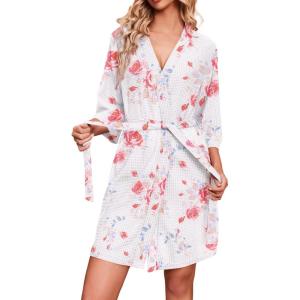 image:imageEkouaer Robes for Women Waffle Knit Bathrobe Soft Lightweight Knee Length Loungewear SXXLFloral White Red
