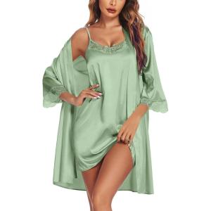 image:imageEkouaer Sleepwear Womens Satin Nightgown with Robes Set 2 Piece Sexy Lace Cami NightwearLight Green