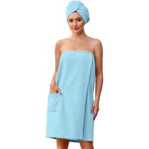 image:imageEkouaer Towel Wrap for Women with Hair Towel Lightweight Knee Length Spa Body Bath Adjustable Closure Bathrobe with PocketBaby Blue
