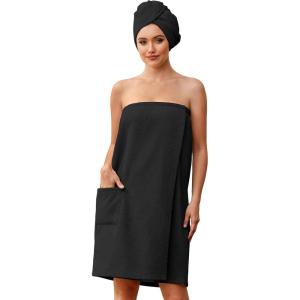 image:imageEkouaer Towel Wrap for Women with Hair Towel Lightweight Knee Length Spa Body Bath Adjustable Closure Bathrobe with PocketBlack