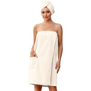 image:imageEkouaer Towel Wrap for Women with Hair Towel Lightweight Knee Length Spa Body Bath Adjustable Closure Bathrobe with PocketCream