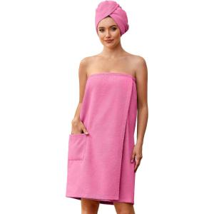 image:imageEkouaer Towel Wrap for Women with Hair Towel Lightweight Knee Length Spa Body Bath Adjustable Closure Bathrobe with PocketFuchsia