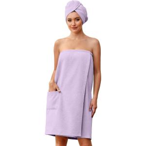 image:imageEkouaer Towel Wrap for Women with Hair Towel Lightweight Knee Length Spa Body Bath Adjustable Closure Bathrobe with PocketLavender