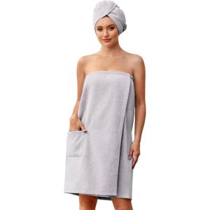 image:imageEkouaer Towel Wrap for Women with Hair Towel Lightweight Knee Length Spa Body Bath Adjustable Closure Bathrobe with PocketLight Gray