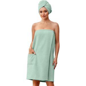 image:imageEkouaer Towel Wrap for Women with Hair Towel Lightweight Knee Length Spa Body Bath Adjustable Closure Bathrobe with PocketMint Green