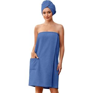 image:imageEkouaer Towel Wrap for Women with Hair Towel Lightweight Knee Length Spa Body Bath Adjustable Closure Bathrobe with PocketNavy Blue