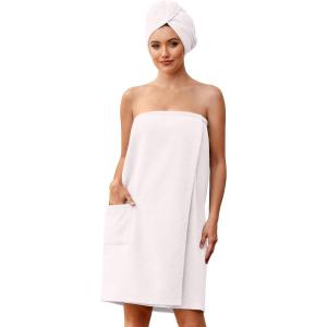 image:imageEkouaer Towel Wrap for Women with Hair Towel Lightweight Knee Length Spa Body Bath Adjustable Closure Bathrobe with PocketWhite