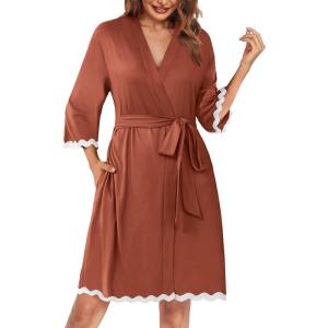 image:imageEkouaer Women Kimono Robe 34 Sleeves Loungewear Dress Knee Length Sleepwear Pockets Housecoat Short Bathrobe SXXLCcaramel