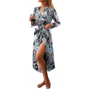 image:imageEkouaer Women Kimono Robes Full Length Knit Bathrobe Lightweight Soft Sleepwear Vneck Casual Ladies Loungewear SXXLFloral Black Leaves