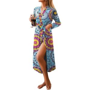 image:imageEkouaer Women Kimono Robes Full Length Knit Bathrobe Lightweight Soft Sleepwear Vneck Casual Ladies Loungewear SXXLFloral Mandala Blue