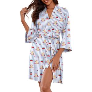 image:imageEkouaer Women Kimono Robes Knee Length Knit Bathrobe Lightweight Soft Sleepwear Vneck Casual Ladies LoungewearBlue Striped Teddy Bear