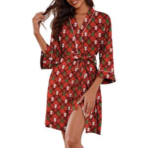 image:imageEkouaer Women Kimono Robes Knee Length Knit Bathrobe Lightweight Soft Sleepwear Vneck Casual Ladies LoungewearRed Plaid Teddy Bear