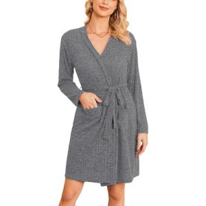 image:imageEkouaer Women Robe Ribbed Knit Soft Bathrobe Knee Length Robes Stretchy Short Sleepwear with PocketsDark Grey