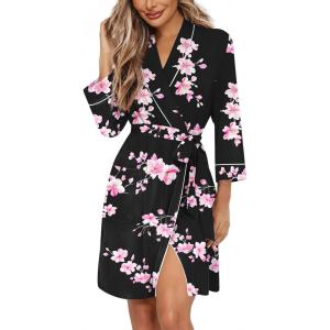 image:imageEkouaer Women Robes Shawl Collar Bathrobe Short Kimono Robe Soft Knit Bathrobes Ladies Sleepwear with Pockets SXXLBlack Pink Flowers