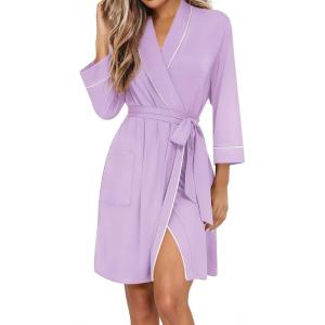 image:imageEkouaer Women Robes Shawl Collar Bathrobe Short Kimono Robe Soft Knit Bathrobes Ladies Sleepwear with Pockets SXXLLight Purple