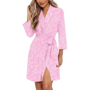 image:imageEkouaer Women Robes Shawl Collar Bathrobe Short Kimono Robe Soft Knit Bathrobes Ladies Sleepwear with Pockets SXXLPink Flowers