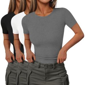 image:imageEkouaer Women Short Sleeve Shirts Lightweight Basic Tops Ribbed Knit Outfit Tees Crew Neck TShirts Work Out BlouseBlackLight GreyWhite