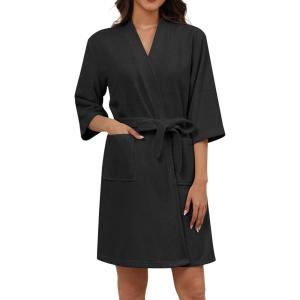 image:imageEkouaer Women Terry Cloth Robes Absorbent Towel Robe Knee Length Soft Bathrobe 34 Sleeve Spa Robe with Pockets S2XLBlack