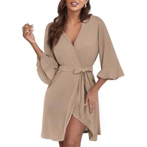image:imageEkouaer Women Waffle Robes 34 Sleeve Ruffle Knit Bathrobe Soft Lightweight Knee Length Robe LoungewearKhaki
