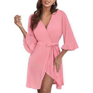 image:imageEkouaer Women Waffle Robes 34 Sleeve Ruffle Knit Bathrobe Soft Lightweight Knee Length Robe LoungewearPink