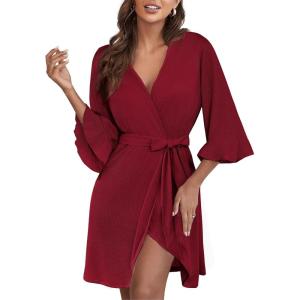image:imageEkouaer Women Waffle Robes 34 Sleeve Ruffle Knit Bathrobe Soft Lightweight Knee Length Robe LoungewearWine Red