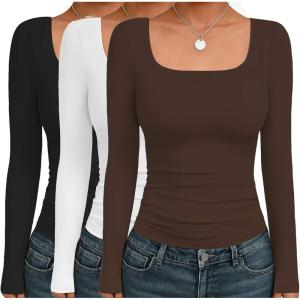 image:imageEkouaer Womens 3 Pack Long Sleeve Shirts Square Neck Basic Tops Fitted Tee Thermal Undershirts XSXXLBlackBrownWhite
