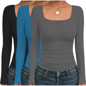 image:imageEkouaer Womens 3 Pack Long Sleeve Shirts Square Neck Basic Tops Fitted Tee Thermal Undershirts XSXXLBlackGrayLight Blue