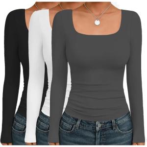 image:imageEkouaer Womens 3 Pack Long Sleeve Shirts Square Neck Basic Tops Fitted Tee Thermal Undershirts XSXXLBlackGrayWhite